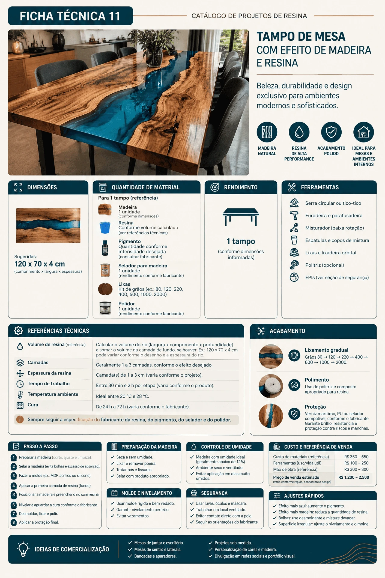 Tampo de mesa com madeira e resina